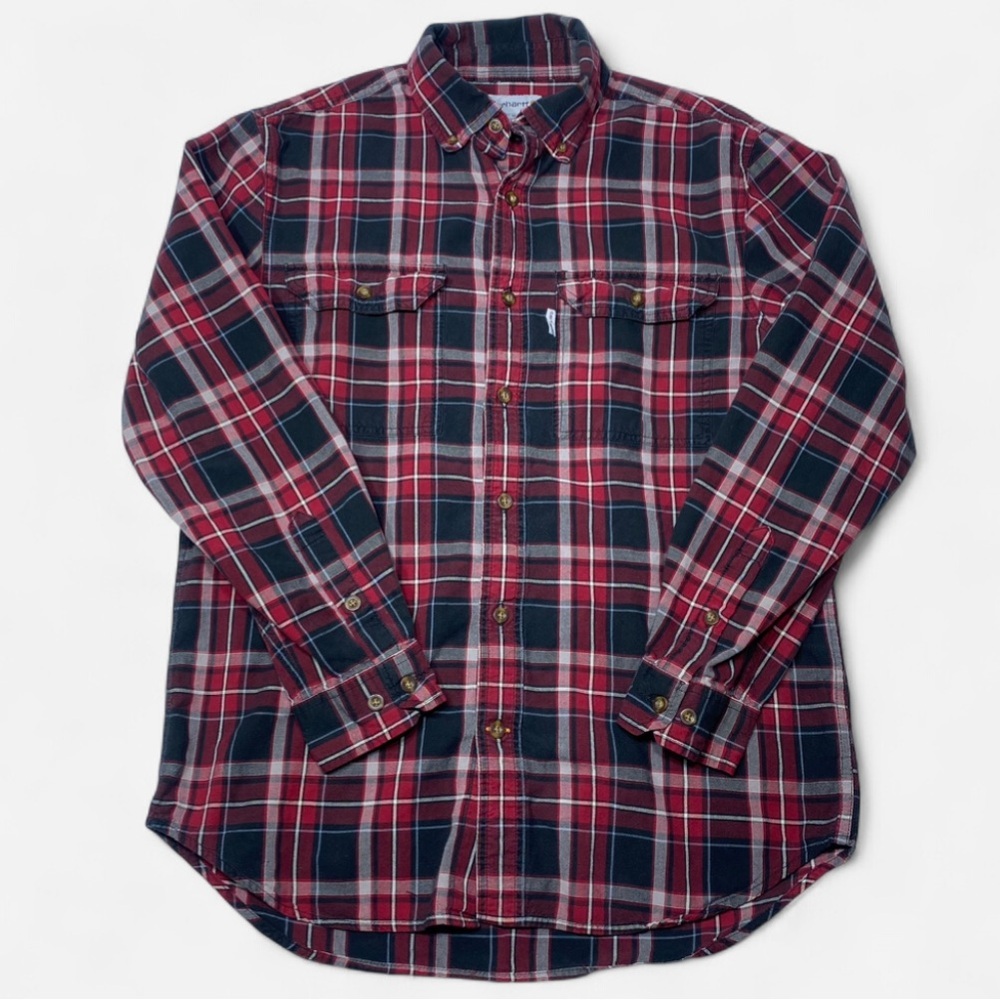 Carhartt Men's Plaid Flannel Black and Red 100% Cotton Size Medium